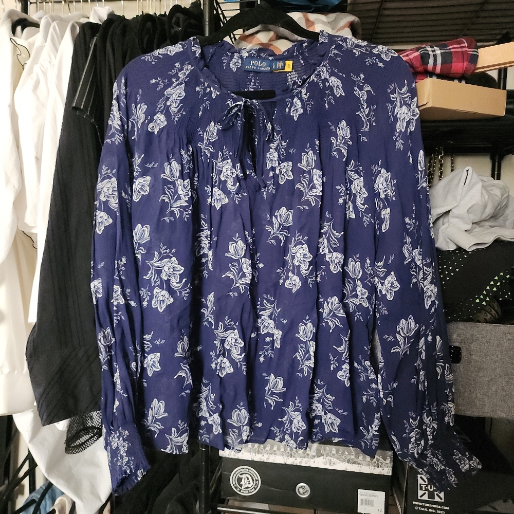 Polo Ralph Lauren Floral Crinkled Tie Neck Blouse, Blue Large - Picture 2 of 6